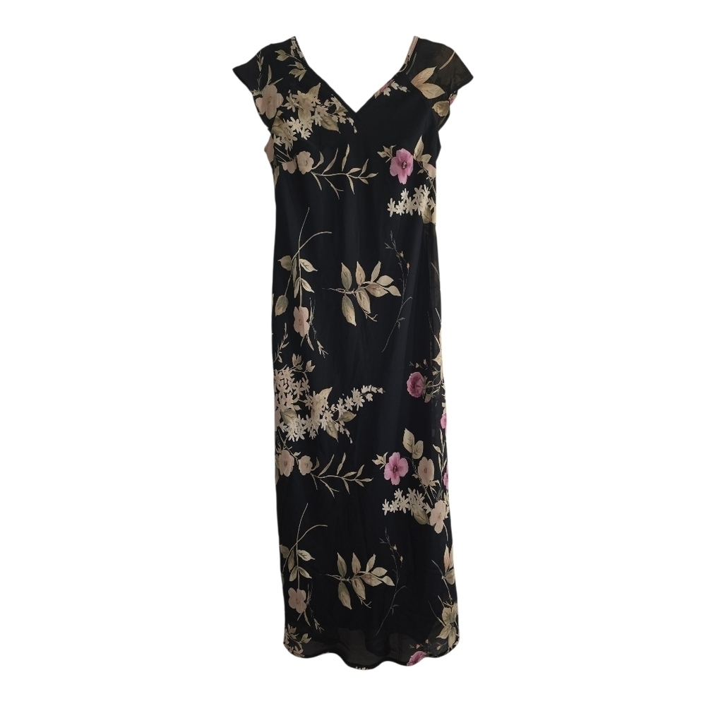 Vintage 90s All That Jazz Moody Dark Floral Midi Dress Small Double V-neckline